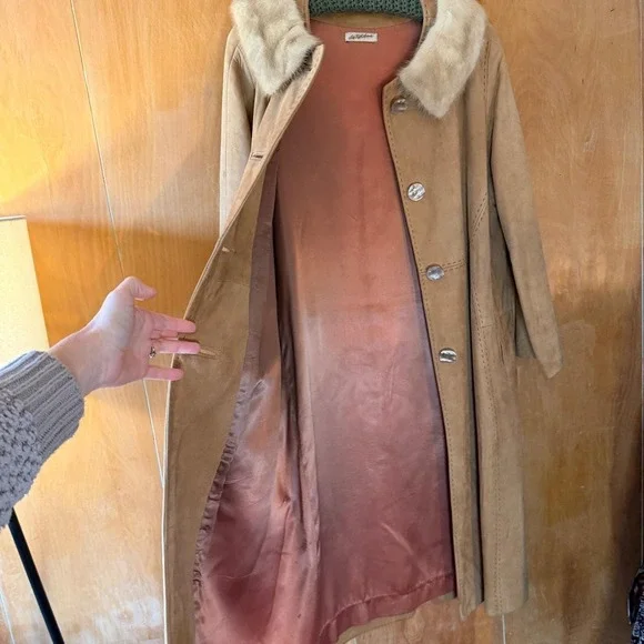 Vintage Saks Fifth Avenue Suede Blonde Mink Collared Mod 1960s Coat Medium - Picture 5 of 12